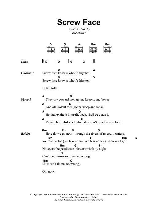 Bob Marley Screw Face sheet music notes and chords arranged for Guitar Chords/Lyrics