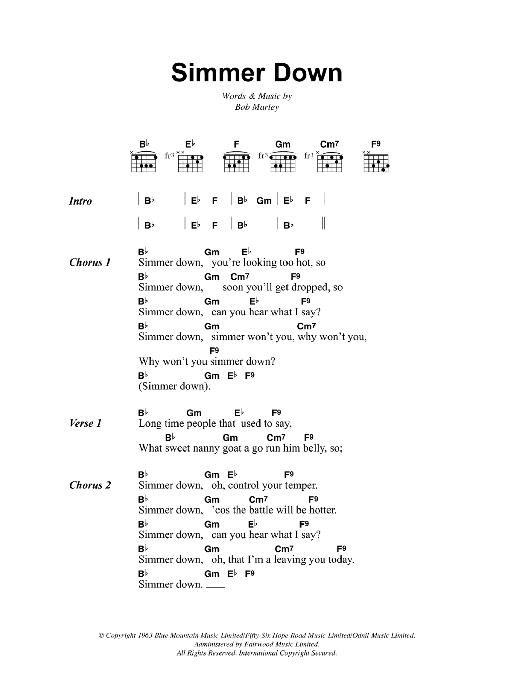 Bob Marley Simmer Down sheet music notes and chords arranged for Guitar Chords/Lyrics