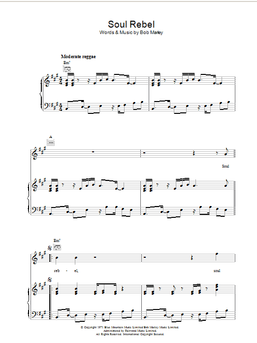 Bob Marley Soul Rebel sheet music notes and chords arranged for Piano, Vocal & Guitar Chords
