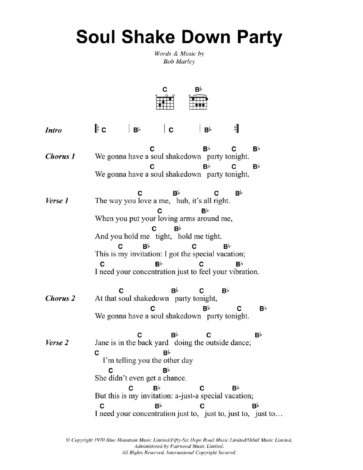Bob Marley Soul Shakedown Party sheet music notes and chords arranged for Guitar Chords/Lyrics