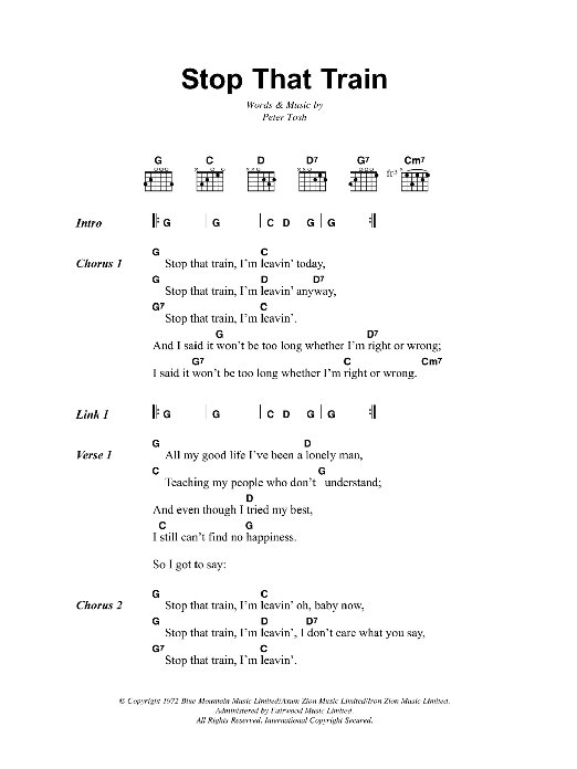 Bob Marley Stop That Train sheet music notes and chords arranged for Guitar Chords/Lyrics