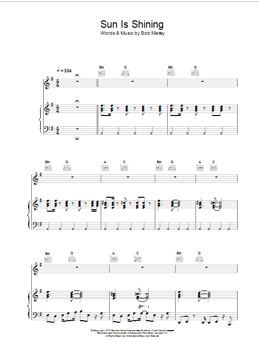 Bob Marley Sun Is Shining sheet music notes and chords arranged for Piano, Vocal & Guitar Chords (Right-Hand Melody)