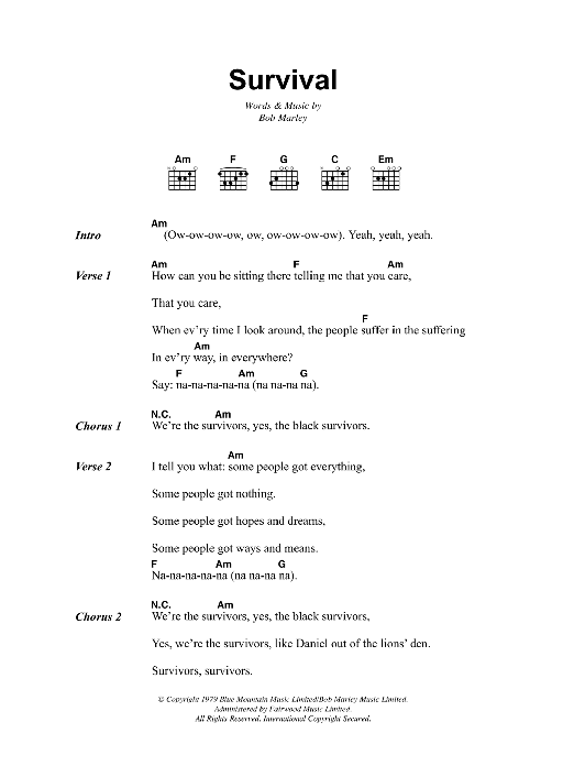 Bob Marley Survival sheet music notes and chords arranged for Guitar Chords/Lyrics