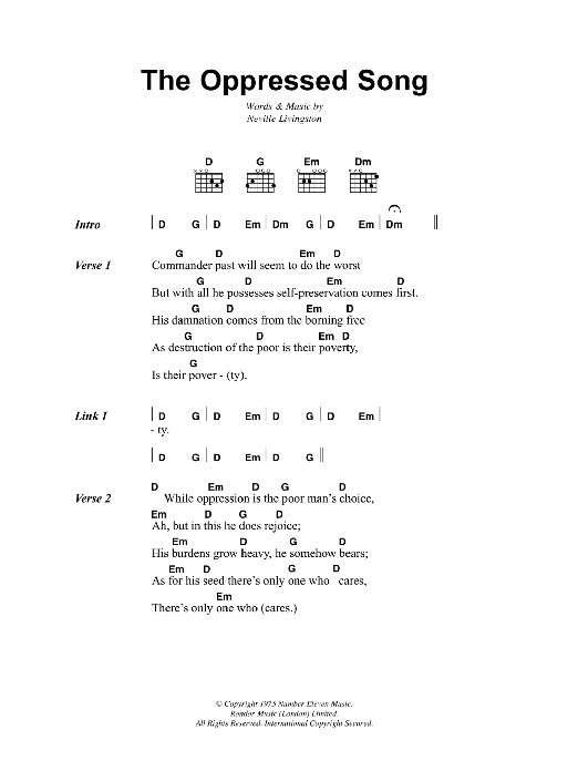 Bob Marley The Oppressed Song sheet music notes and chords arranged for Guitar Chords/Lyrics