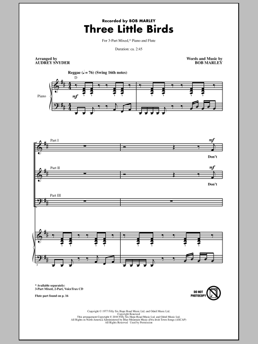 Bob Marley Three Little Birds (arr. Audrey Snyder) sheet music notes and chords arranged for 2-Part Choir