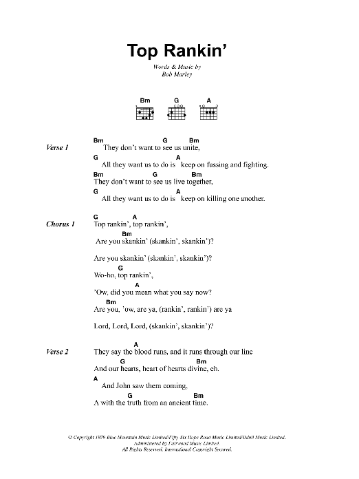 Bob Marley Top Rankin' sheet music notes and chords arranged for Guitar Chords/Lyrics