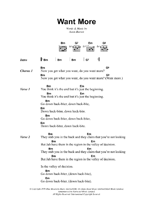 Bob Marley Want More sheet music notes and chords arranged for Guitar Chords/Lyrics