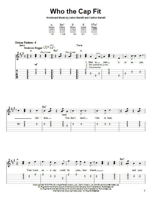 Bob Marley Who The Cap Fit sheet music notes and chords arranged for Piano, Vocal & Guitar Chords