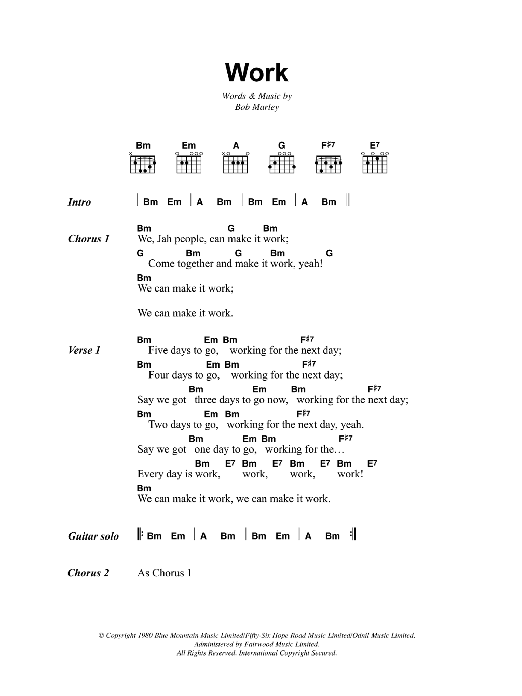 Bob Marley Work sheet music notes and chords arranged for Guitar Chords/Lyrics