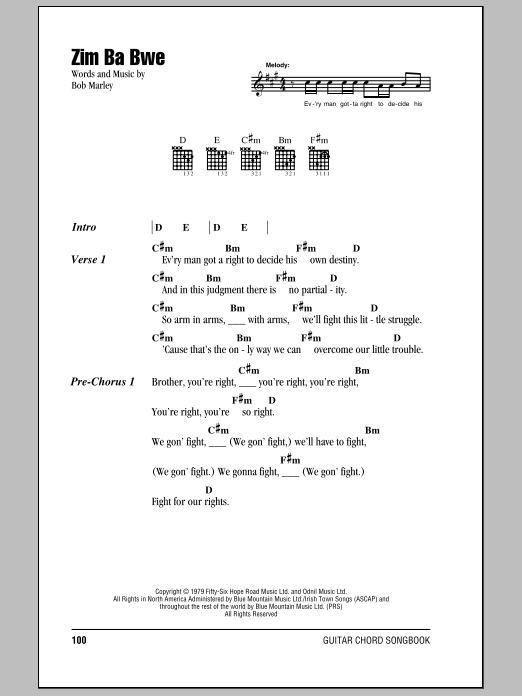 Bob Marley Zim Ba Bwe sheet music notes and chords arranged for Guitar Chords/Lyrics