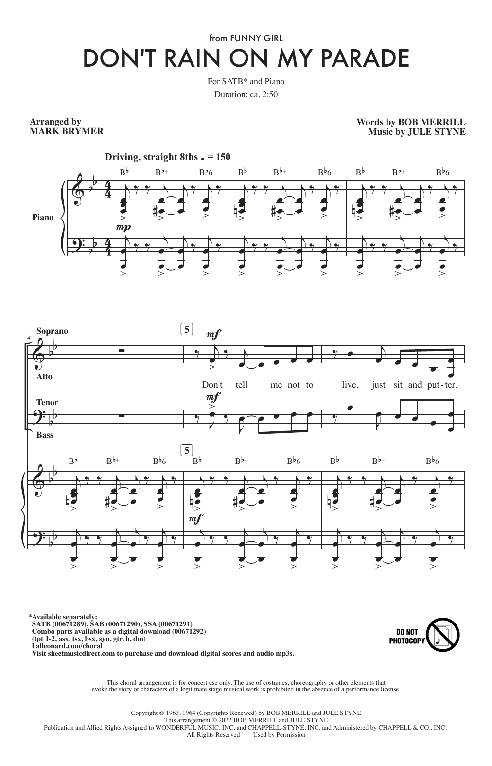 Bob Merrill & Jule Styne Don't Rain On My Parade (from Funny Girl) (arr. Mark Brymer) sheet music notes and chords arranged for SATB Choir