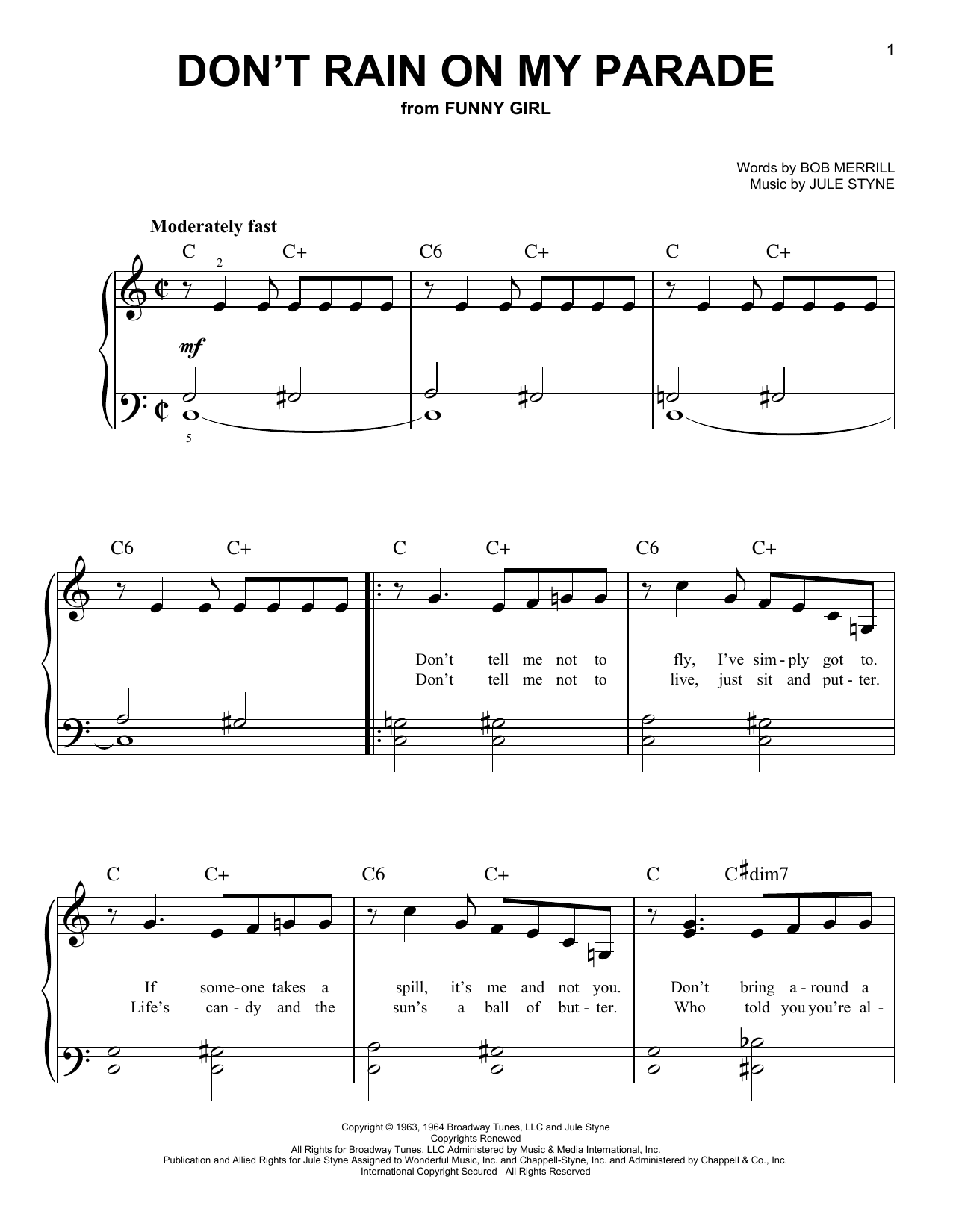 Bob Merrill & Jule Styne Don't Rain On My Parade (from Funny Girl) sheet music notes and chords arranged for Very Easy Piano
