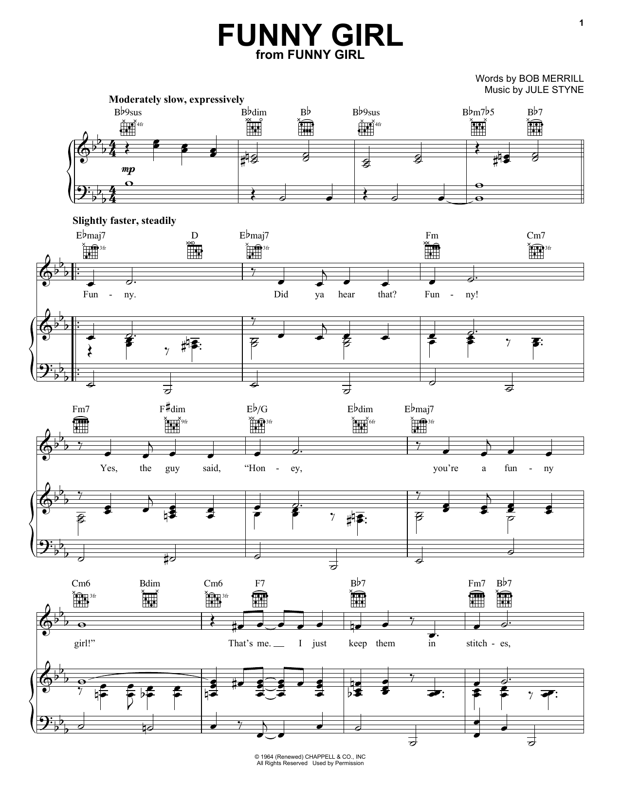 Bob Merrill & Jule Styne Funny Girl sheet music notes and chords arranged for Piano, Vocal & Guitar Chords (Right-Hand Melody)