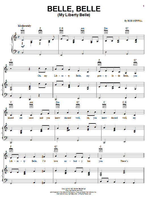 Bob Merrill Belle, Belle (My Liberty Belle) sheet music notes and chords arranged for Piano, Vocal & Guitar Chords (Right-Hand Melody)