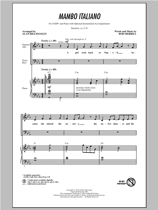 Bob Merrill Mambo Italiano (arr. Alan Billingsley) sheet music notes and chords arranged for SAB Choir