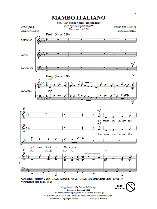 Bob Merrill Mambo Italiano (arr. Jill Gallina) sheet music notes and chords arranged for 3-Part Mixed Choir