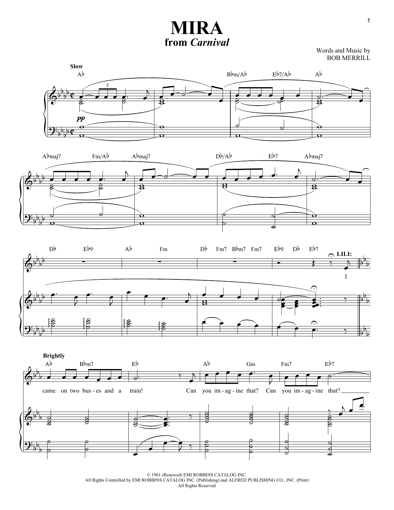 Bob Merrill Mira (from Carnival) sheet music notes and chords arranged for Piano & Vocal