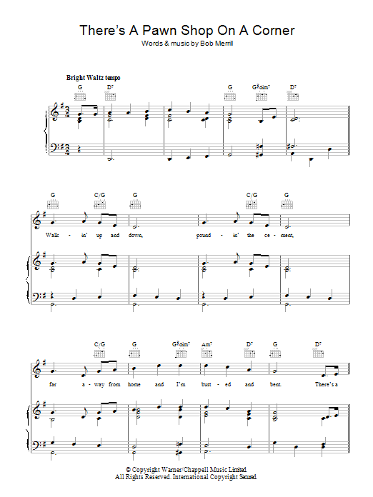 Bob Merrill There's A Pawn Shop On A Corner (In Pittsburgh Pennsylvania) sheet music notes and chords arranged for Piano, Vocal & Guitar Chords
