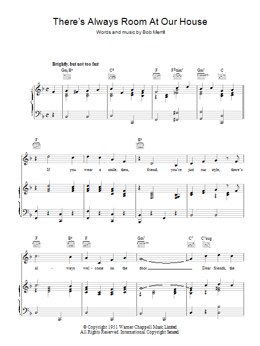 Bob Merrill There's Always Room At Our House sheet music notes and chords arranged for Piano, Vocal & Guitar Chords
