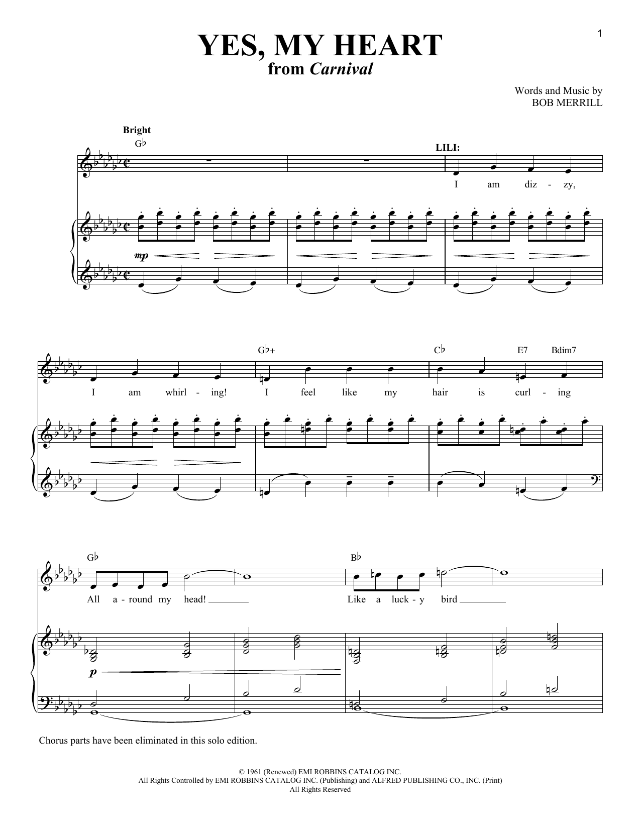 Bob Merrill Yes, My Heart (from Carnival) sheet music notes and chords arranged for Piano & Vocal