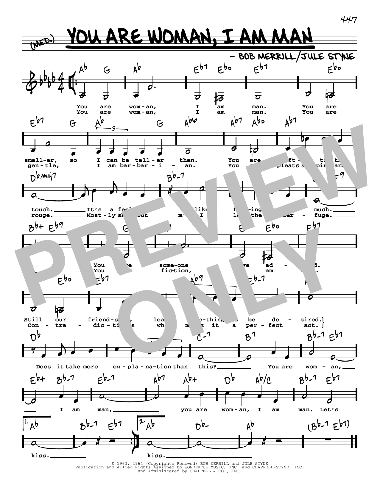 Bob Merrill You Are Woman, I Am Man (Low Voice) sheet music notes and chords arranged for Real Book – Melody, Lyrics & Chords