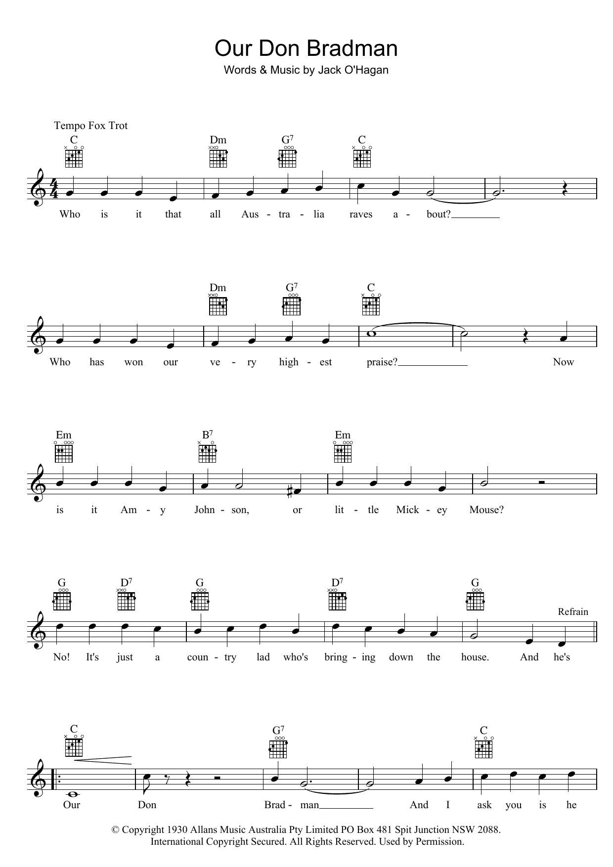 Bob Molyneux Our Don Bradman sheet music notes and chords arranged for Lead Sheet / Fake Book