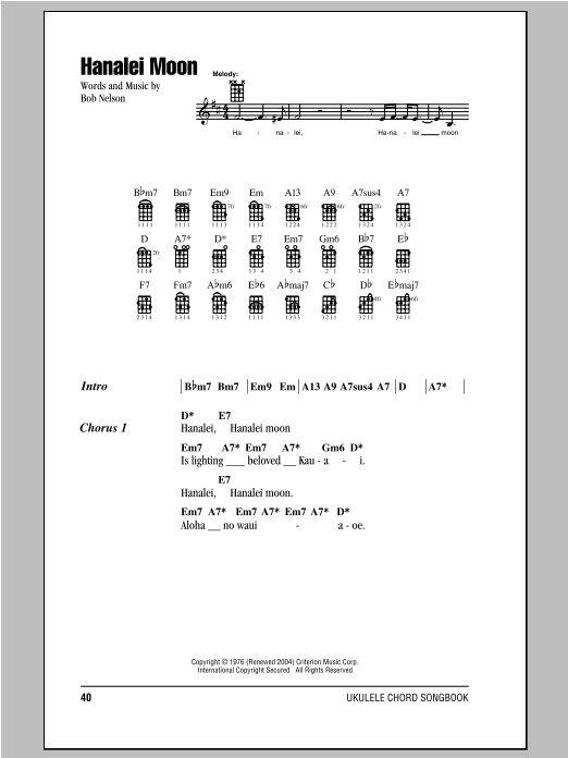 Bob Nelson Hanalei Moon sheet music notes and chords arranged for Ukulele Chords/Lyrics
