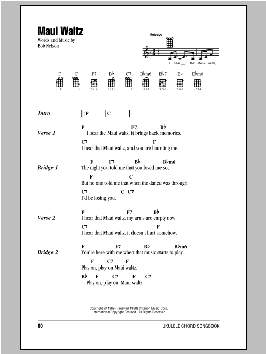 Bob Nelson Maui Waltz sheet music notes and chords arranged for Piano, Vocal & Guitar Chords (Right-Hand Melody)