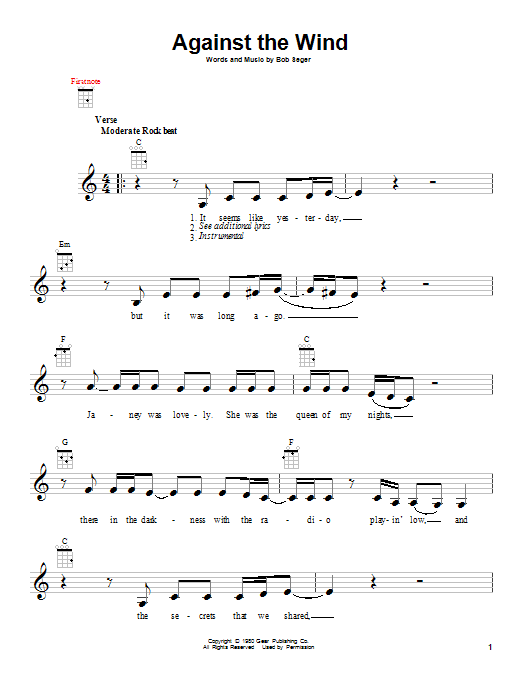 Bob Seger & The Silver Bullet Band Against The Wind sheet music notes and chords arranged for Super Easy Piano
