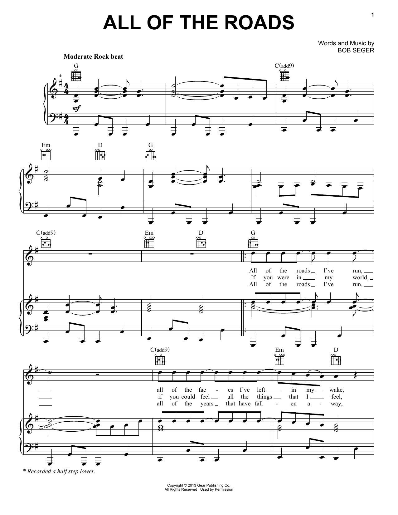 Bob Seger All Of The Roads sheet music notes and chords arranged for Piano, Vocal & Guitar Chords (Right-Hand Melody)