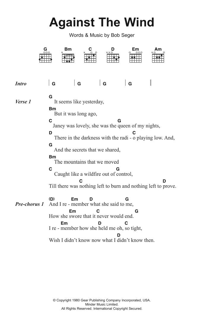 Bob Seger and the Silver Bullet Band Against The Wind sheet music notes and chords arranged for Guitar Chords/Lyrics