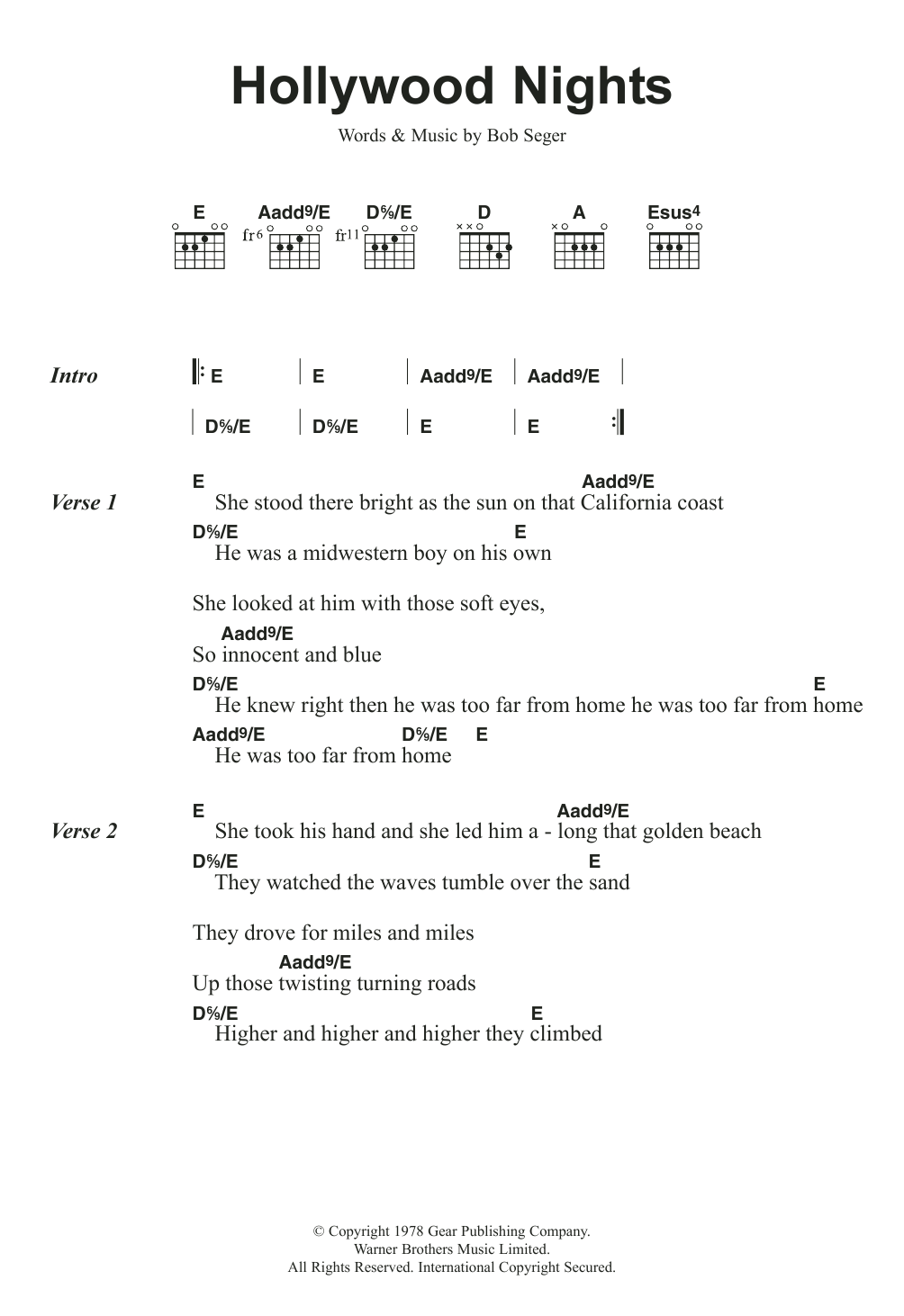 Bob Seger And The Silver Bullet Band Hollywood Nights sheet music notes and chords arranged for Guitar Chords/Lyrics