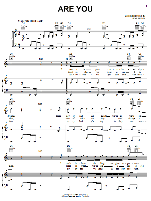 Bob Seger Are You sheet music notes and chords arranged for Piano, Vocal & Guitar Chords (Right-Hand Melody)