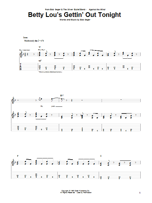 Bob Seger Betty Lou's Gettin' Out Tonight sheet music notes and chords arranged for Guitar Tab