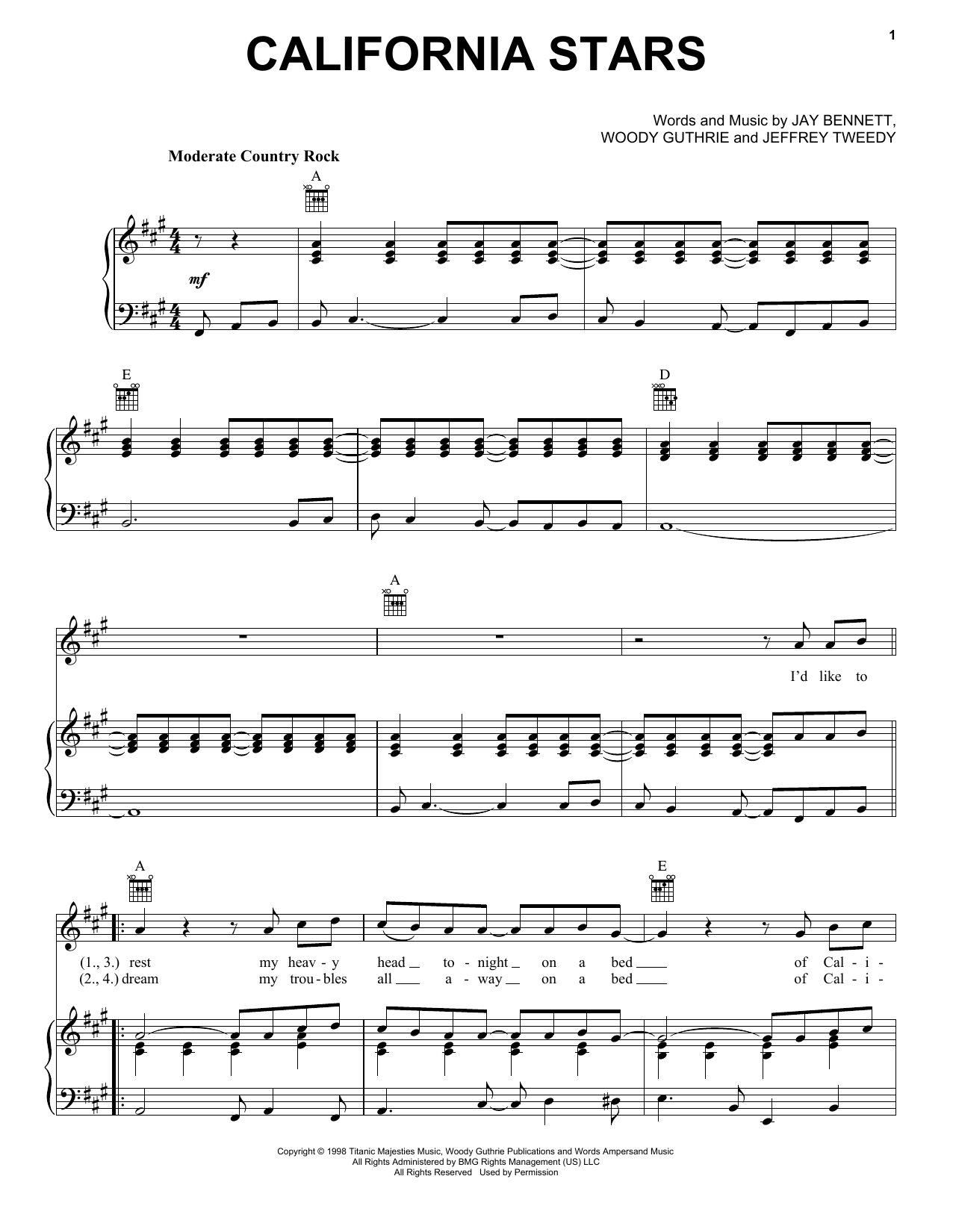 Bob Seger California Stars sheet music notes and chords arranged for Piano, Vocal & Guitar Chords (Right-Hand Melody)
