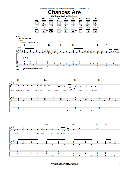 Bob Seger Chances Are sheet music notes and chords arranged for Guitar Tab