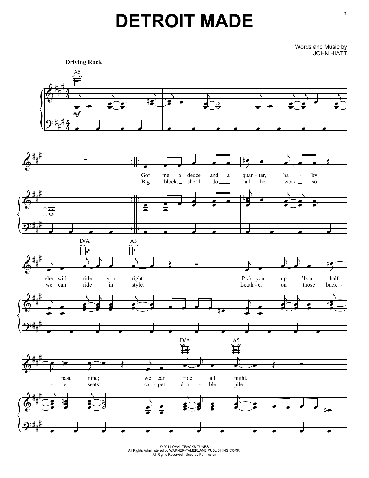 Bob Seger Detroit Made sheet music notes and chords arranged for Piano, Vocal & Guitar Chords (Right-Hand Melody)