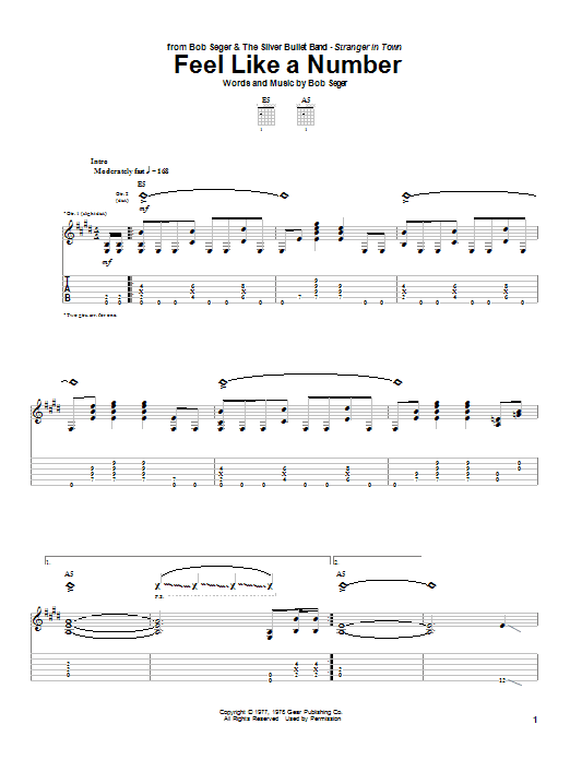 Bob Seger Feel Like A Number sheet music notes and chords arranged for Piano, Vocal & Guitar Chords (Right-Hand Melody)