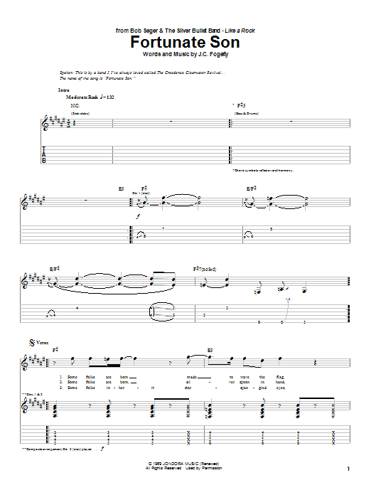 Bob Seger Fortunate Son sheet music notes and chords arranged for Guitar Tab