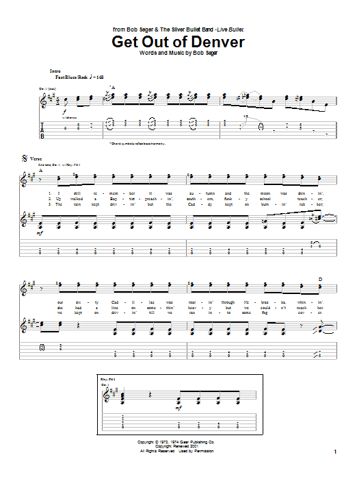 Bob Seger Get Out Of Denver sheet music notes and chords arranged for Guitar Tab (Single Guitar)