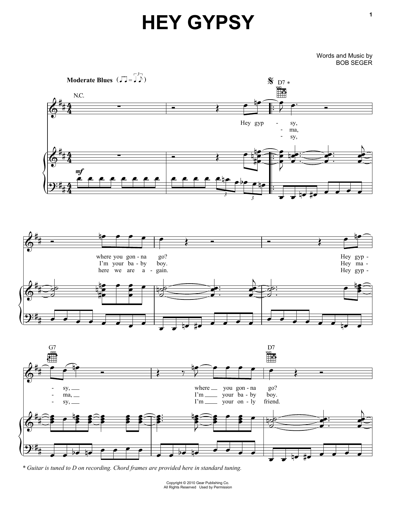 Bob Seger Hey Gypsy sheet music notes and chords arranged for Piano, Vocal & Guitar Chords (Right-Hand Melody)