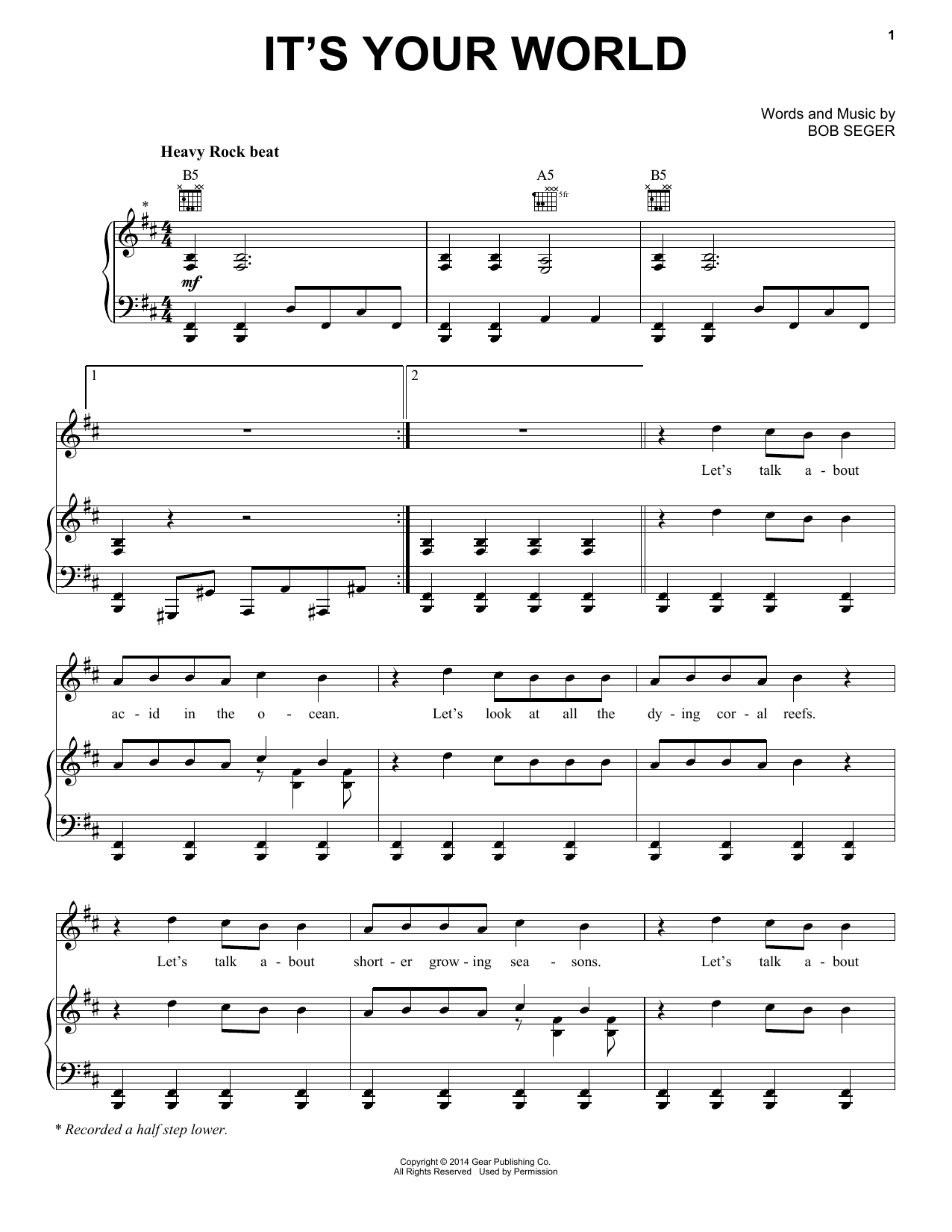 Bob Seger It's Your World sheet music notes and chords arranged for Piano, Vocal & Guitar Chords (Right-Hand Melody)