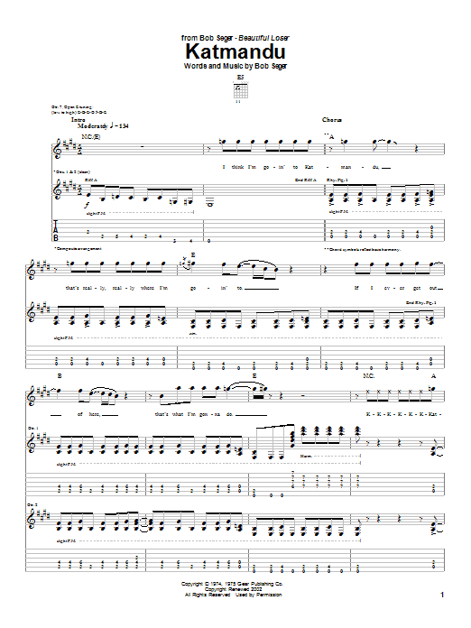Bob Seger Katmandu sheet music notes and chords arranged for Guitar Tab