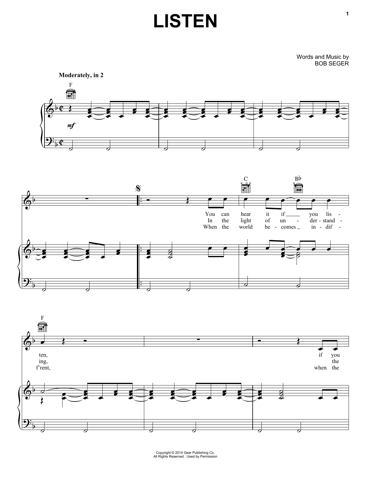 Bob Seger Listen sheet music notes and chords arranged for Piano, Vocal & Guitar Chords (Right-Hand Melody)