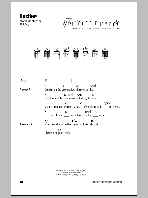 Bob Seger Lucifer sheet music notes and chords arranged for Guitar Chords/Lyrics