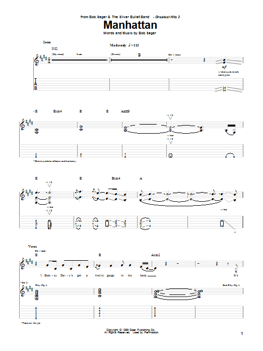 Bob Seger Manhattan sheet music notes and chords arranged for Guitar Tab