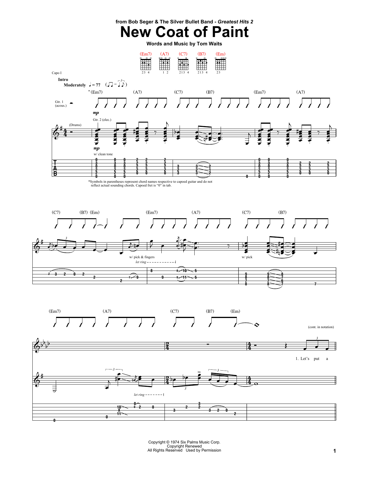 Bob Seger New Coat Of Paint sheet music notes and chords arranged for Piano, Vocal & Guitar Chords (Right-Hand Melody)