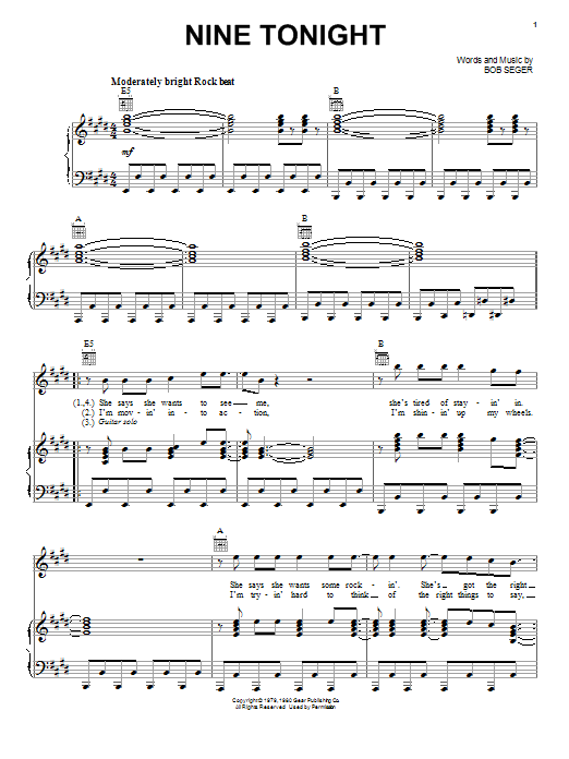 Bob Seger Nine Tonight sheet music notes and chords arranged for Guitar Chords/Lyrics