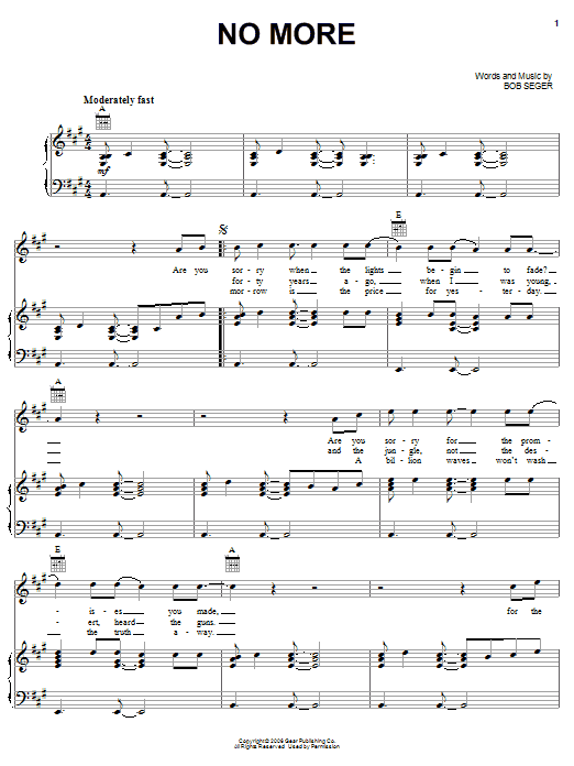 Bob Seger No More sheet music notes and chords arranged for Piano, Vocal & Guitar Chords (Right-Hand Melody)