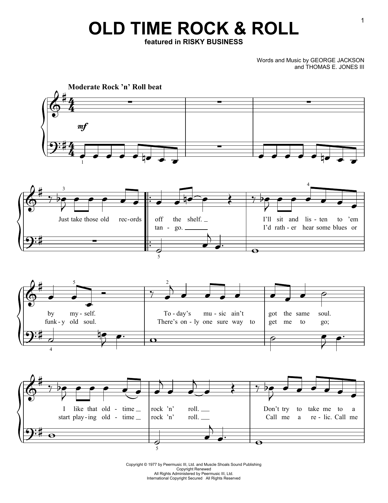 Bob Seger Old Time Rock & Roll (from Risky Business) sheet music notes and chords arranged for Very Easy Piano